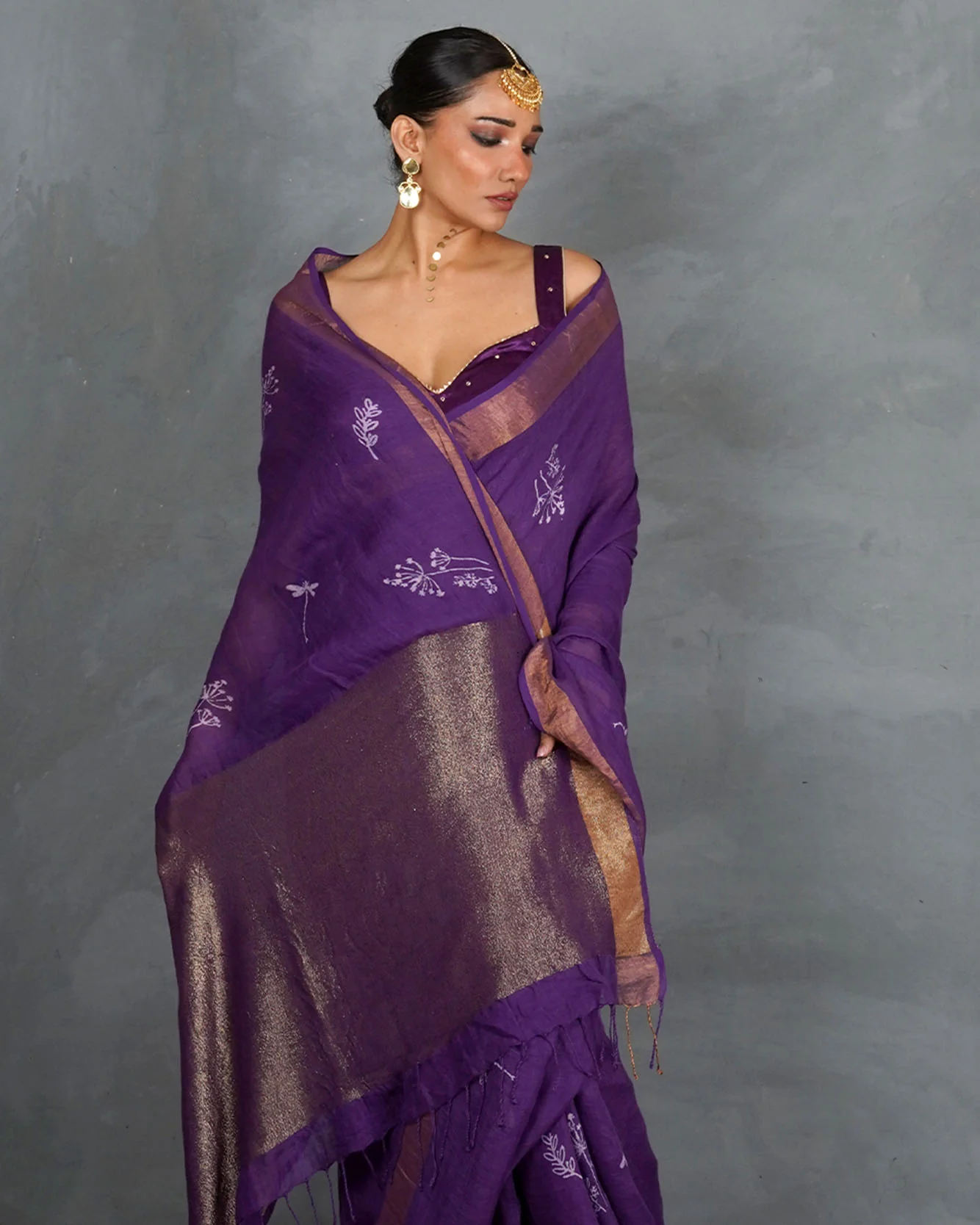 Noori Royal Purple Handblock Linen Saree - TARA - Image 8