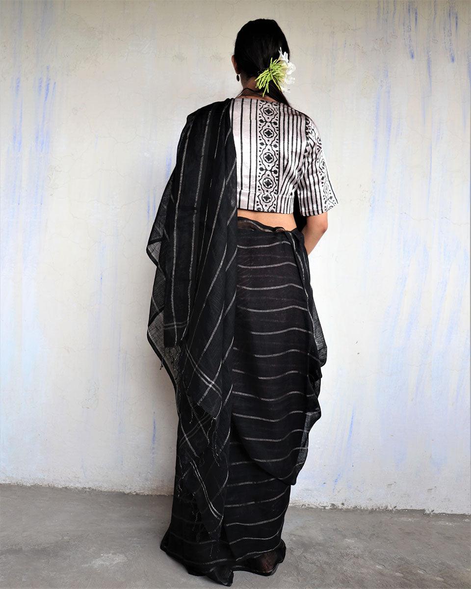 Nutan Handwoven Linen Zari Saree- Yesterday - Image 5