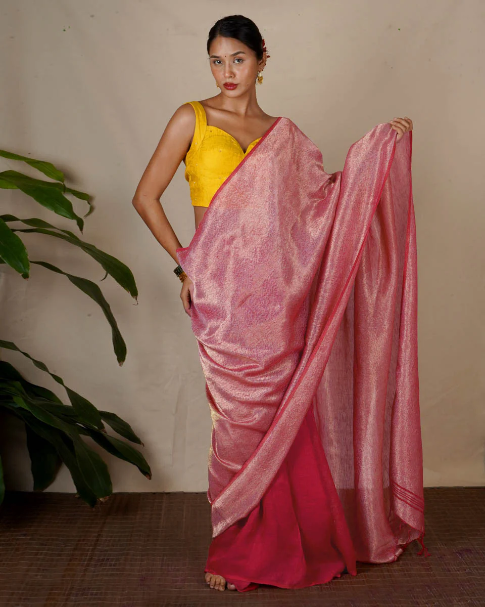 Ojaswee Rani Pink Handwoven Linen Zari Saree - Eknoor