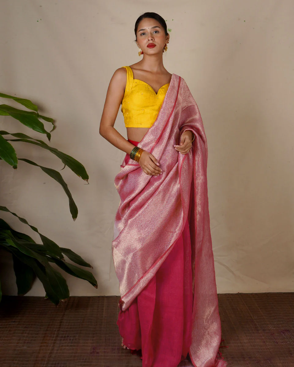 Ojaswee Rani Pink Handwoven Linen Zari Saree - Eknoor - Image 11