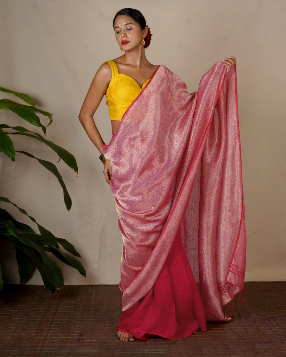 Ojaswee Rani Pink Handwoven Linen Zari Saree - Eknoor - Image 2