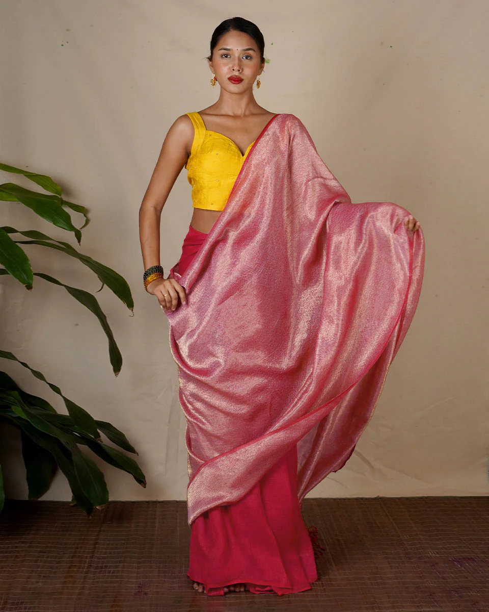 Ojaswee Rani Pink Handwoven Linen Zari Saree - Eknoor - Image 4