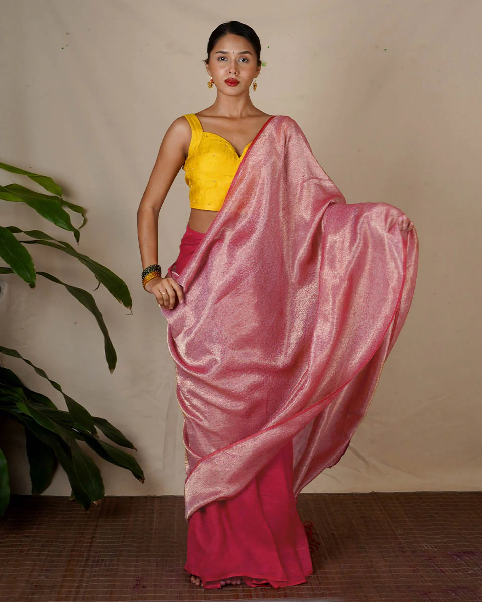 Ojaswee Rani Pink Handwoven Linen Zari Saree - Eknoor - Image 9
