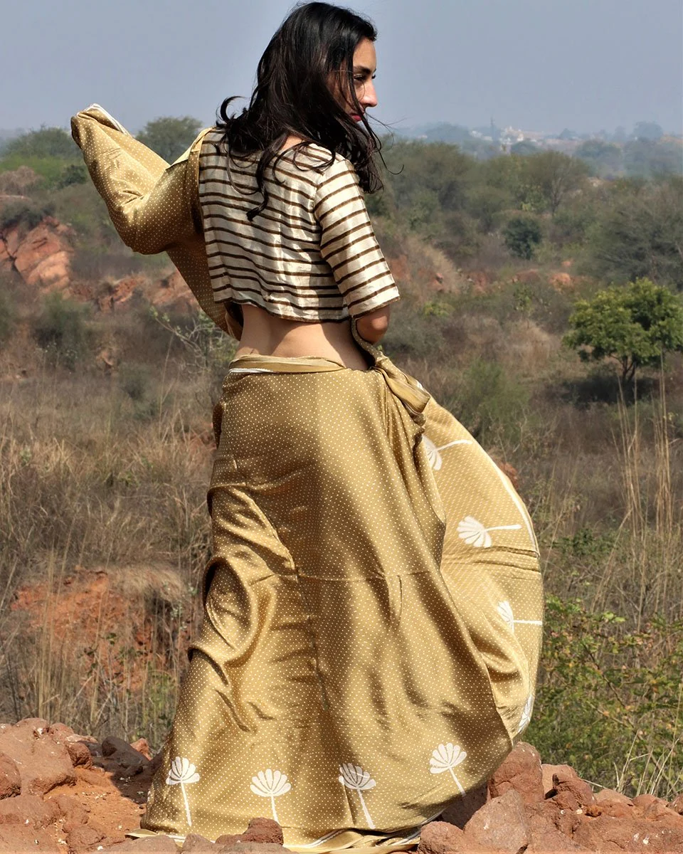 Olive Blockprinted Modal Silk Saree - Image 4