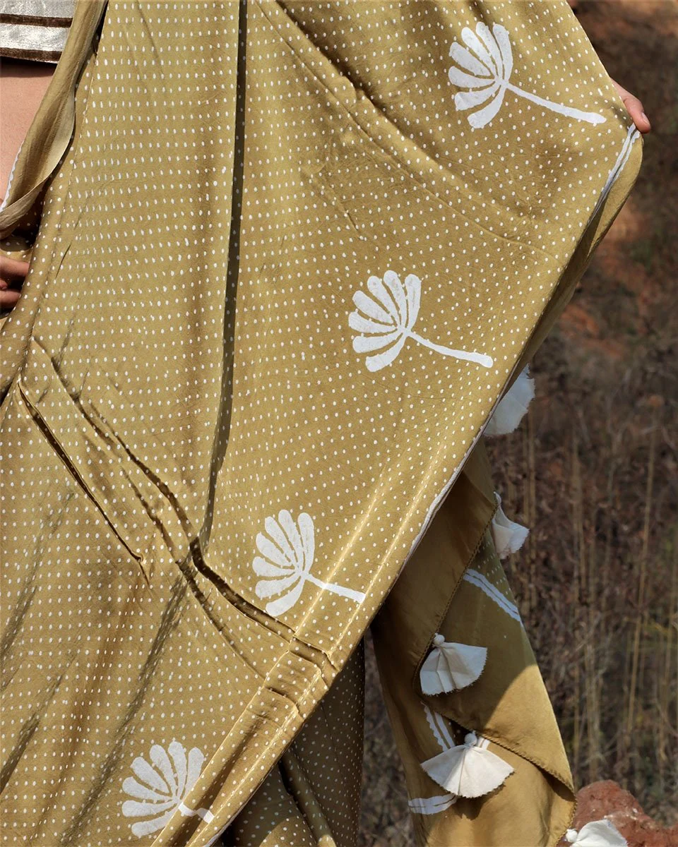 Olive Blockprinted Modal Silk Saree - Image 5