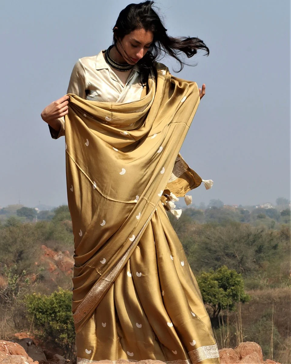 Olive Moon Blockprinted Modal Silk Saree - Image 2
