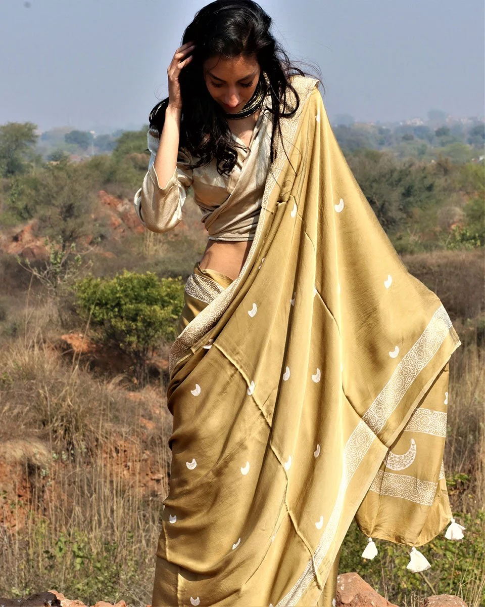 Olive Moon Blockprinted Modal Silk Saree - Image 6