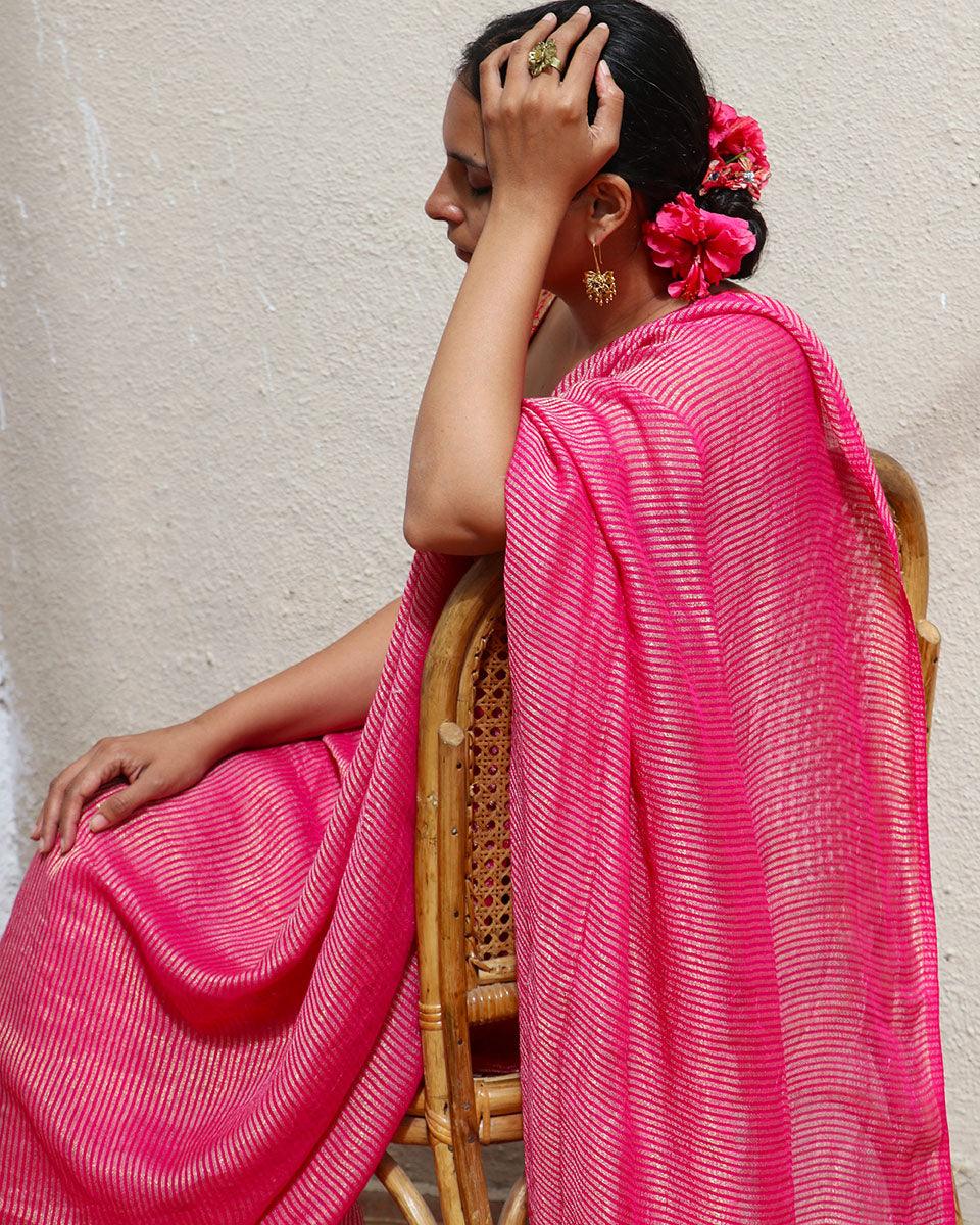 Opal Pink Handwoven Linen Zari Saree - TOG - Image 2