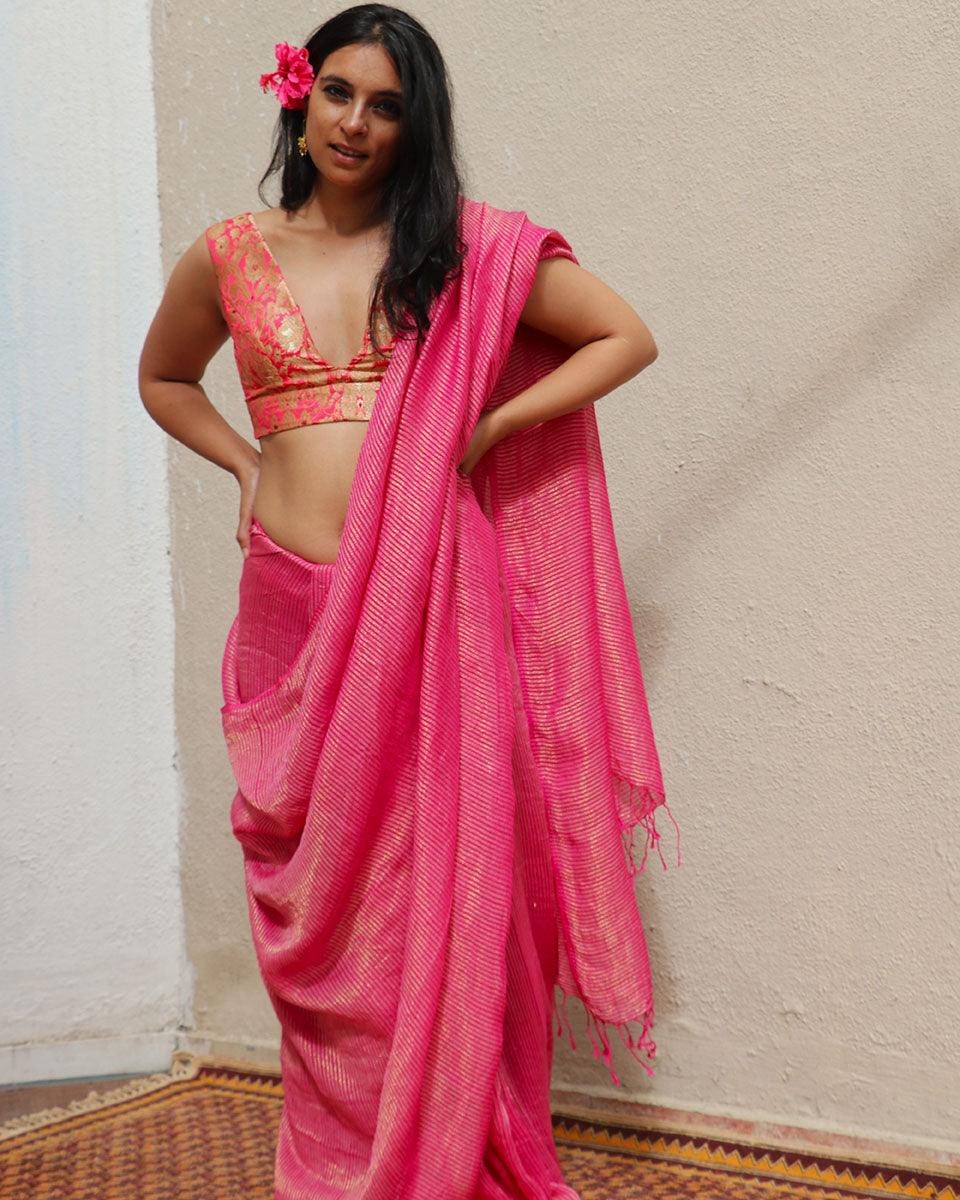 Opal Pink Handwoven Linen Zari Saree - TOG - Image 4