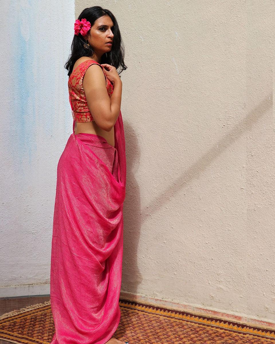 Opal Pink Handwoven Linen Zari Saree - TOG - Image 5