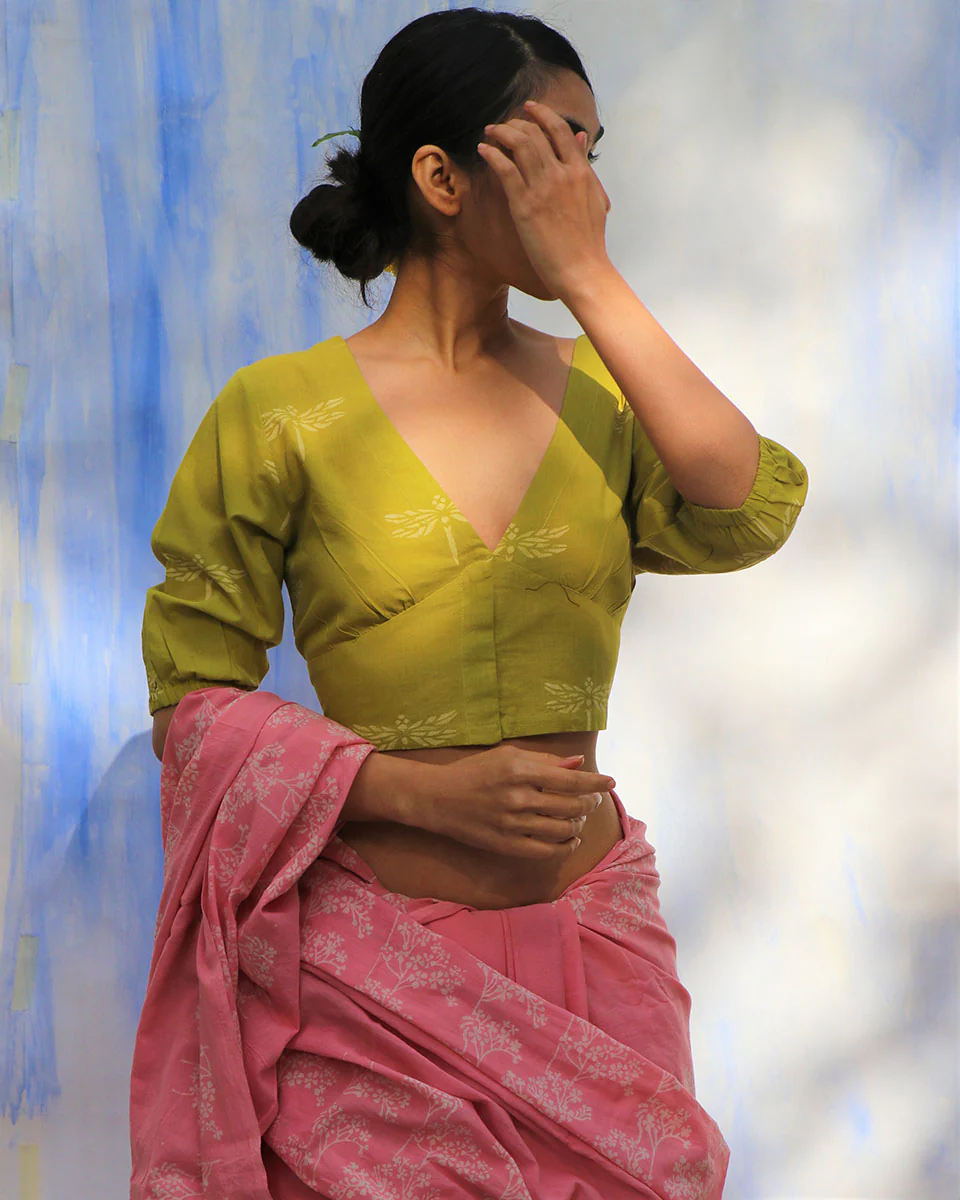 Parrot Green Handprinted Pure Cotton Crop Top Blouse -Skd - Image 2