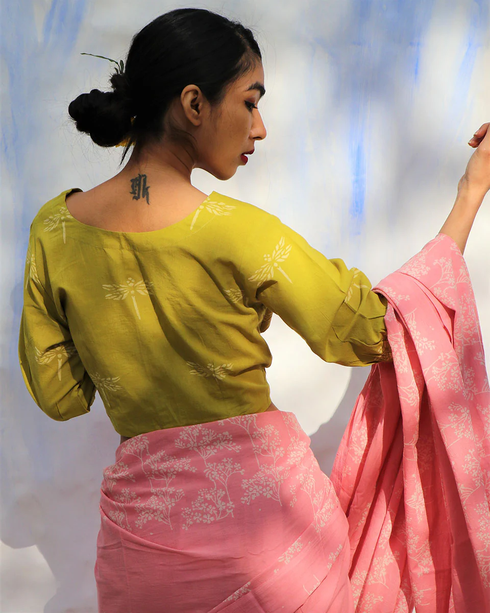 Parrot Green Handprinted Pure Cotton Crop Top Blouse -Skd - Image 4