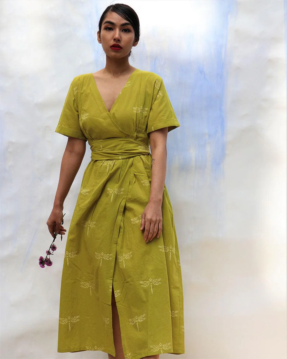 Parrot Green Handprinted V Neck Pure Cotton Dress -Skd - Image 5