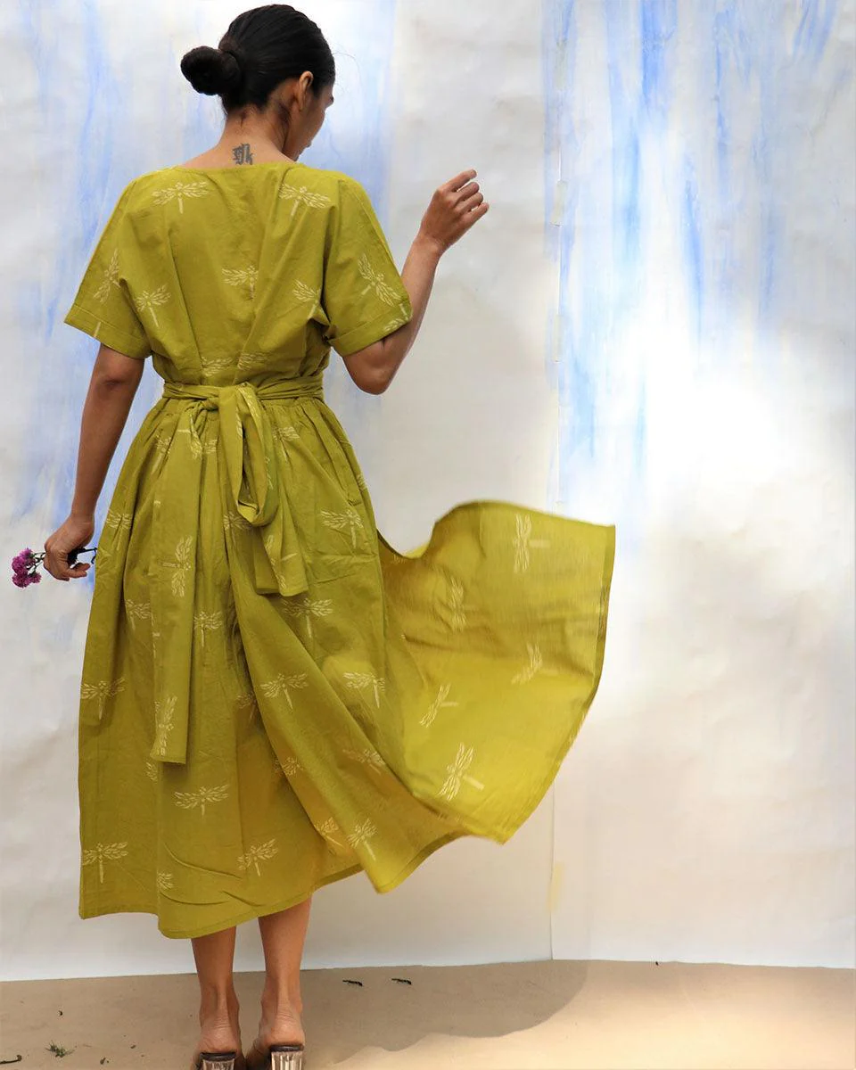 Parrot Green Handprinted V Neck Pure Cotton Dress -Skd - Image 8