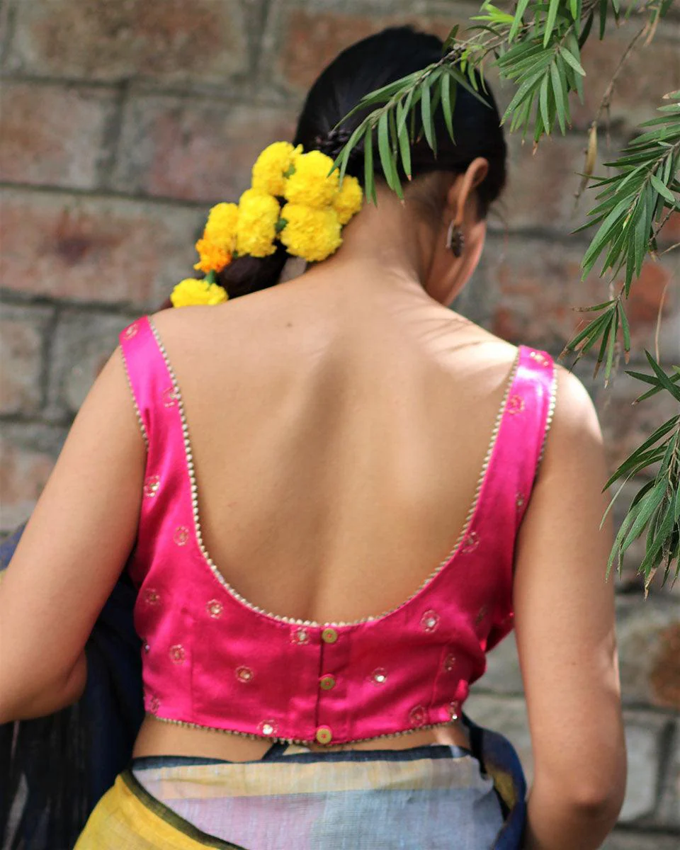 Passionate Pink Hand Embroidered Sleeveless Blouse In Mashru Silk - Gazala - Image 3