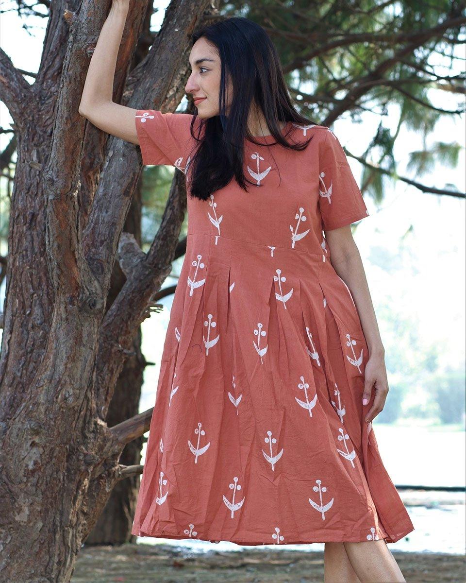 Peach Blockprinted Cotton Pleated Dress