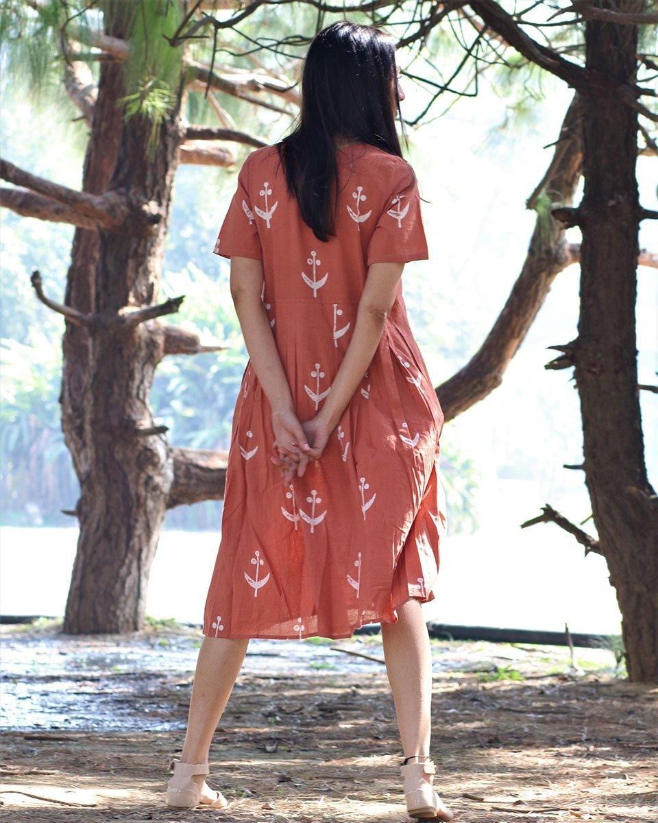 Peach Blockprinted Cotton Pleated Dress - Image 2