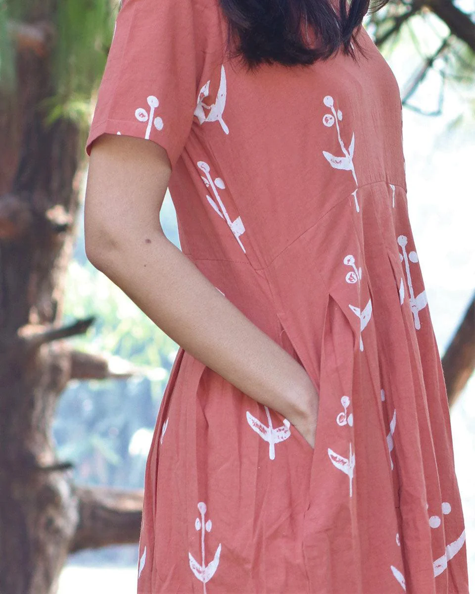 Peach Blockprinted Cotton Pleated Dress - Image 5