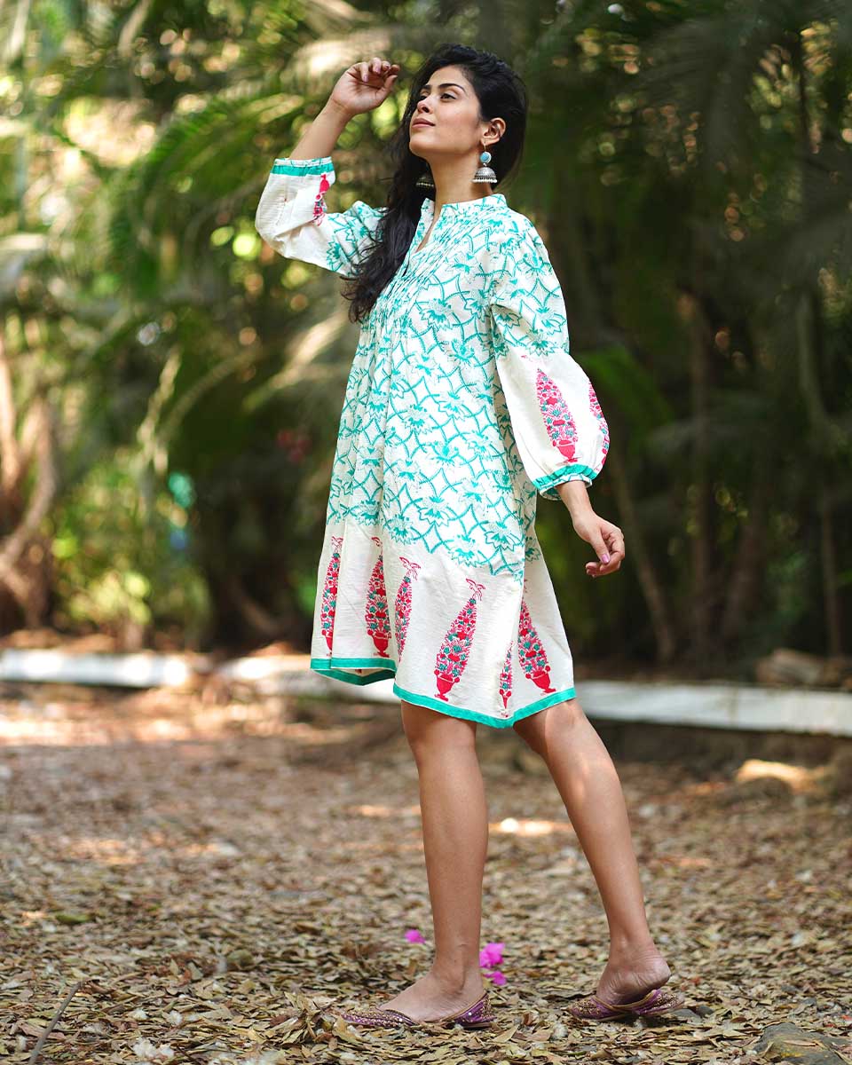 Petuniaas Poise Teal Green Block Printed Cotton Dress - MMG - Image 5
