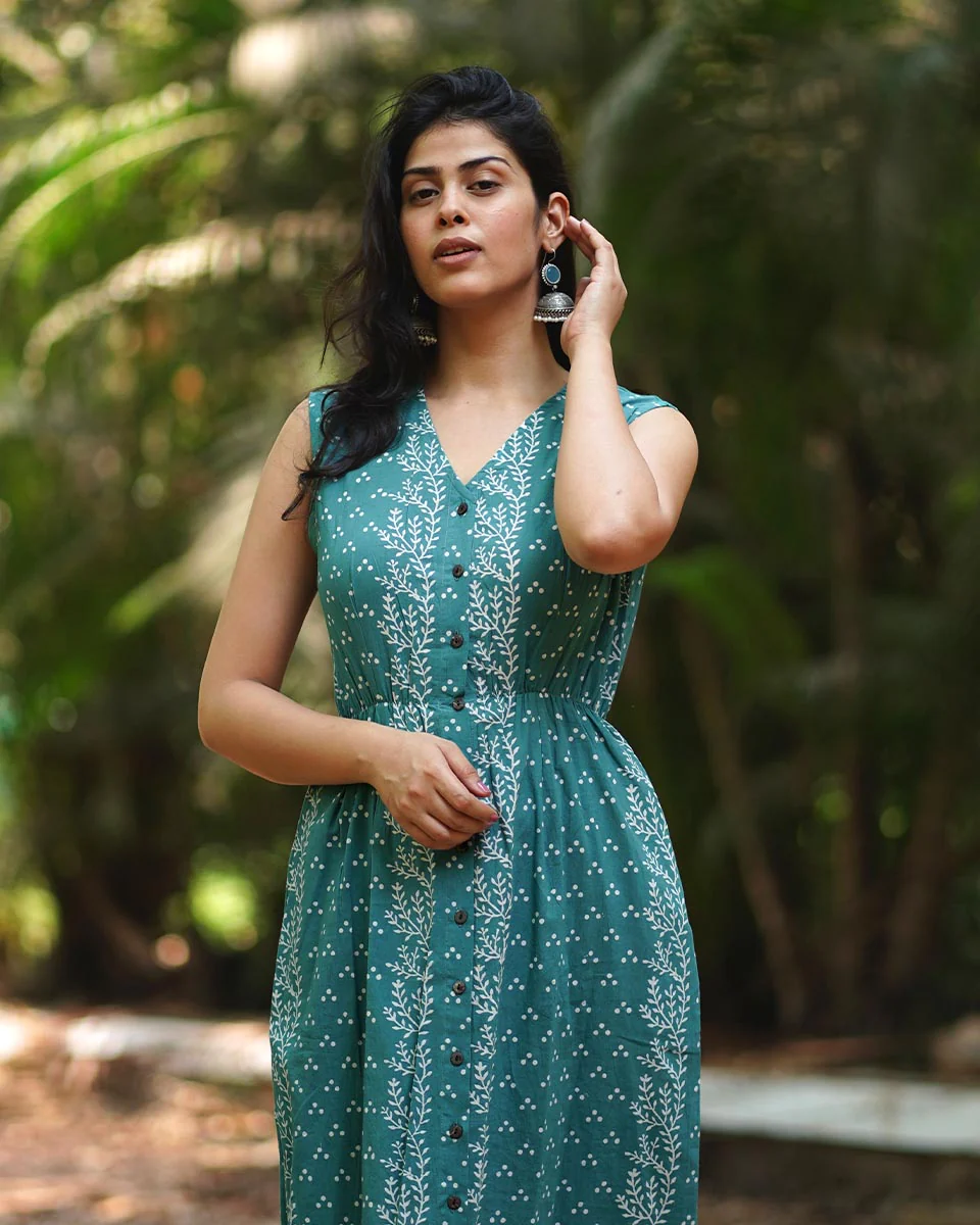 Petunias’ Perfume Teal Green Block Printed Cotton Dress - MMG - Image 4