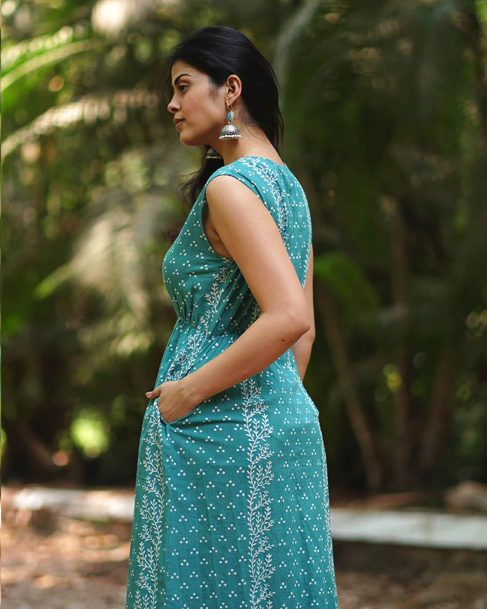 Petunias’ Perfume Teal Green Block Printed Cotton Dress - MMG - Image 5