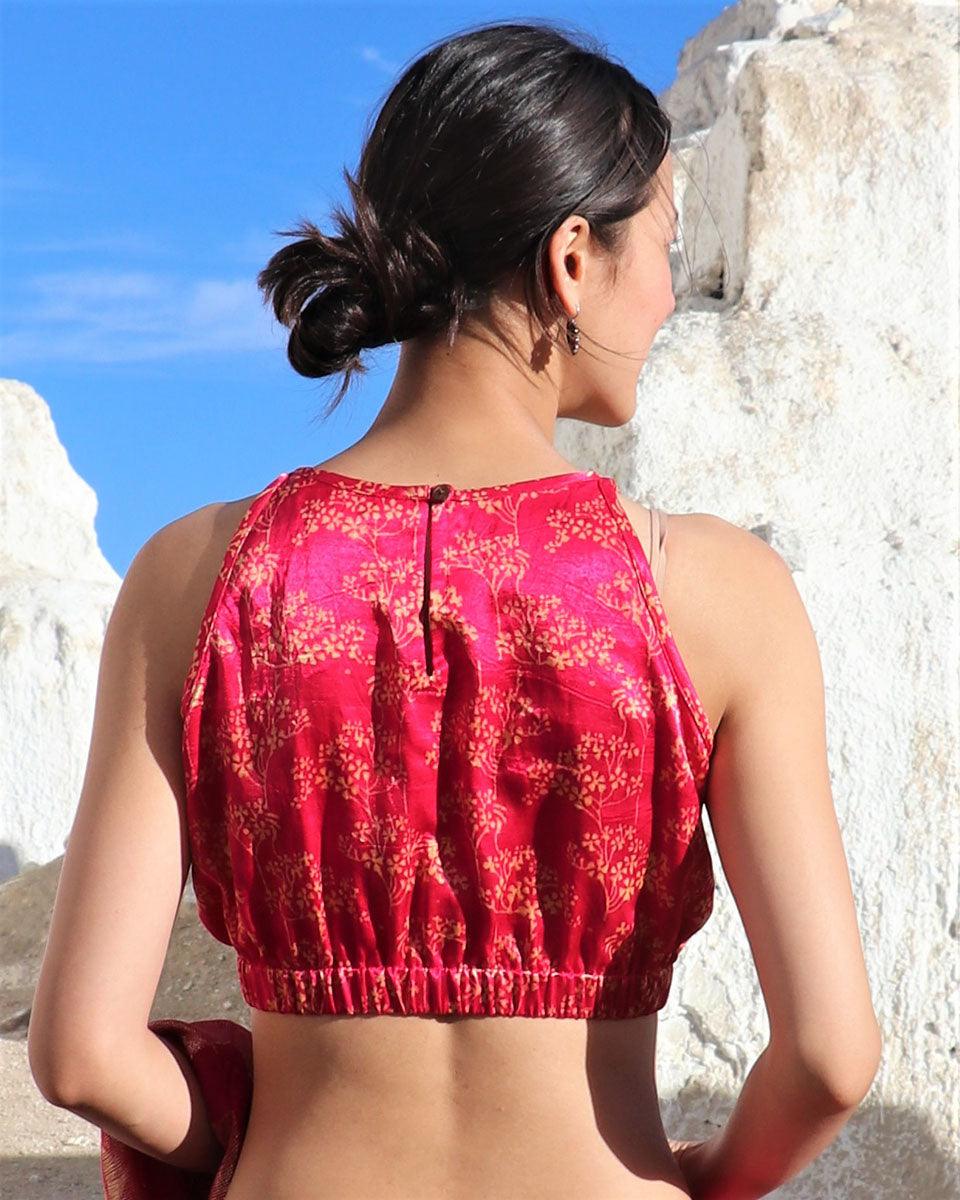 Pink Bel Blockprinted Mashru Silk Blouse-Lagn - Image 4
