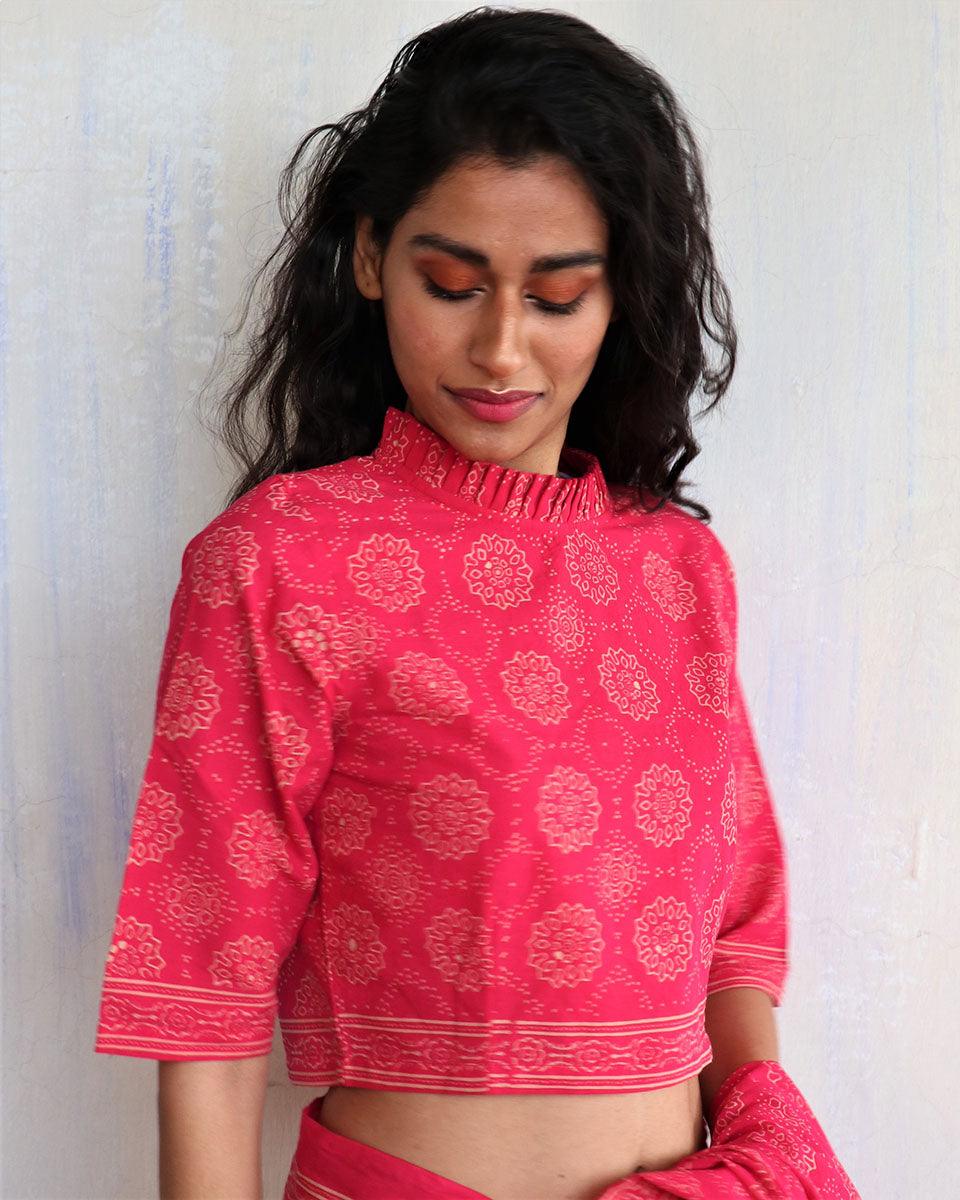 Pink Blockprinted Crop Top Cotton Blouse-Butterflygirls - Image 2