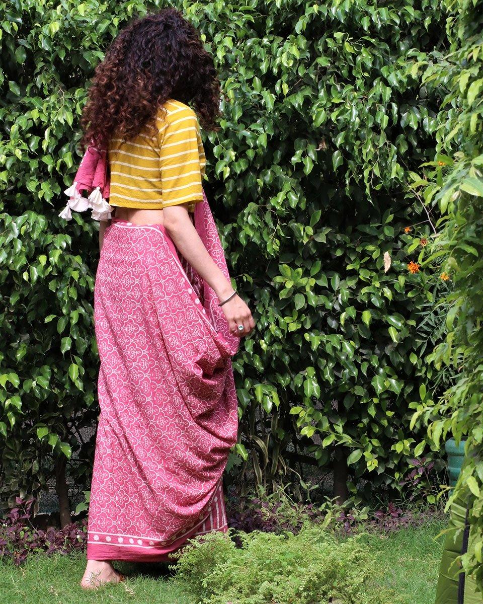 Pink Charm Hand Blockprinted Cotton Saree - Image 5