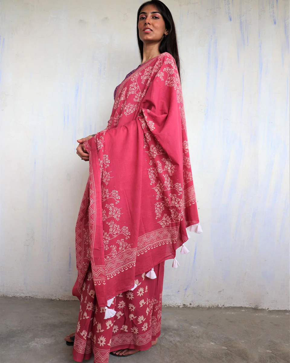 Tavleen Blockprinted Cotton Saree - Ajooni - Image 4