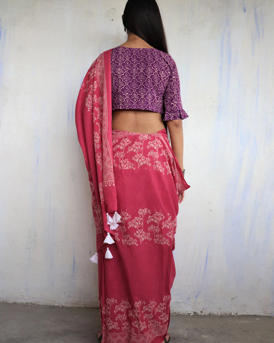Tavleen Blockprinted Cotton Saree - Ajooni - Image 5