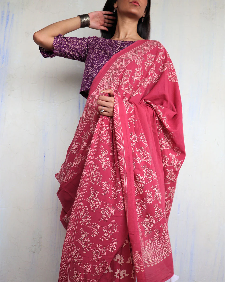 Tavleen Blockprinted Cotton Saree - Ajooni - Image 6