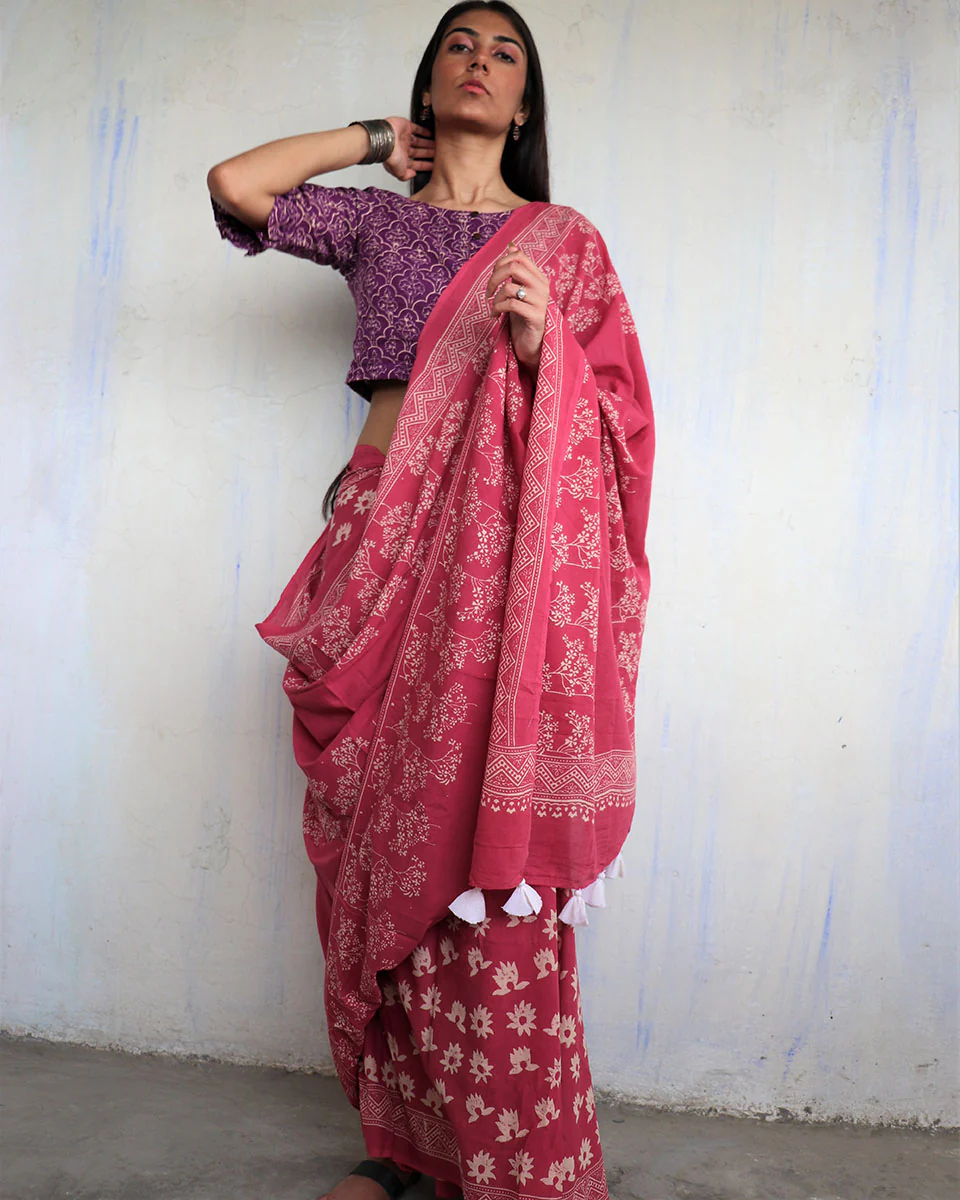 Tavleen Blockprinted Cotton Saree - Ajooni - Image 7