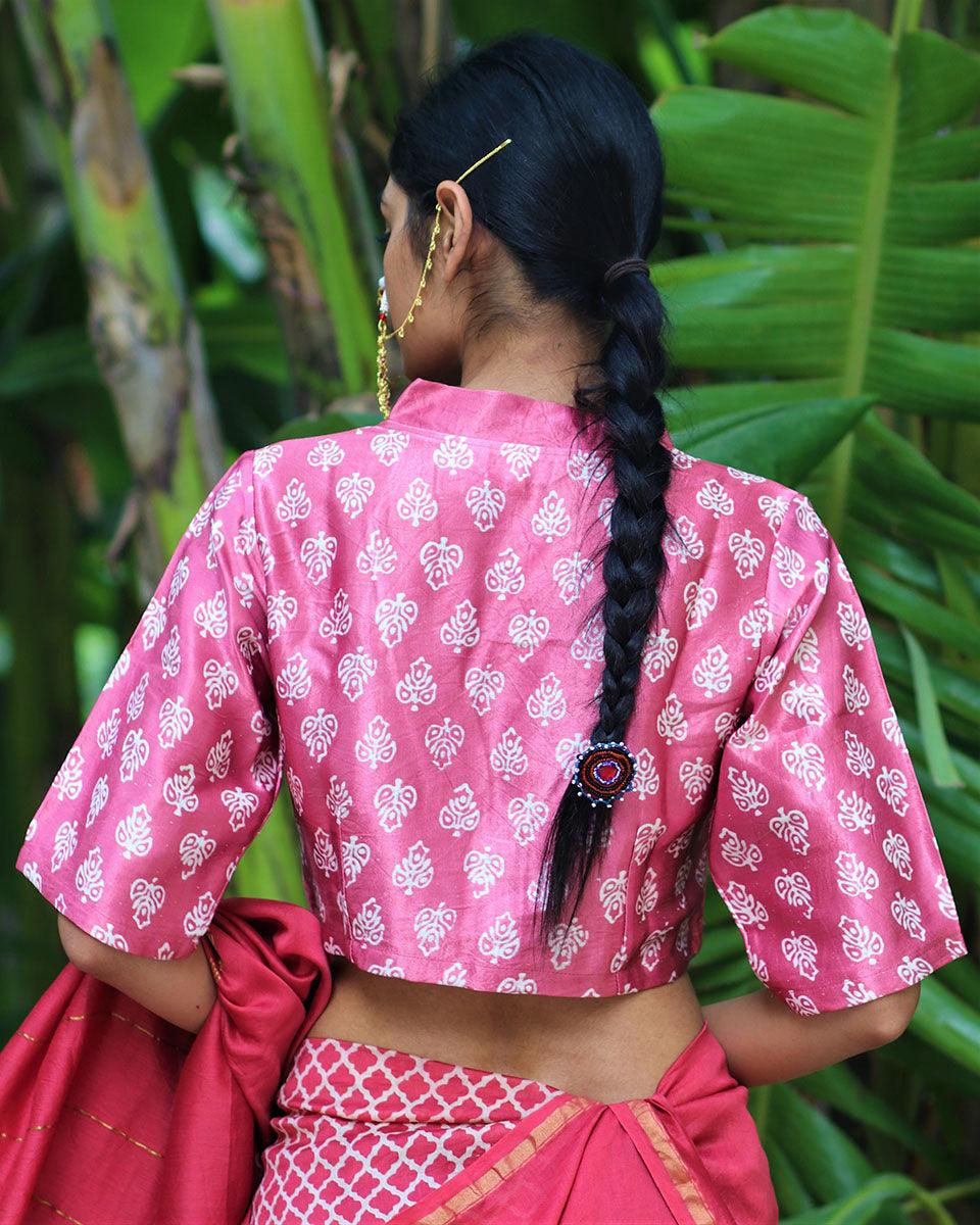 Pink Blockprinted Mashru Silk Blouse-Chand Se - Image 4