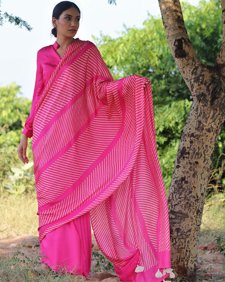 Pink Blockprinted Modal Silk Saree - Rang