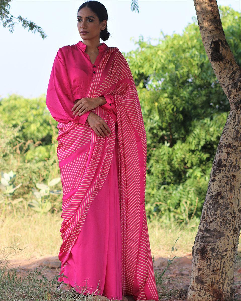 Pink Blockprinted Modal Silk Saree - Rang - Image 2
