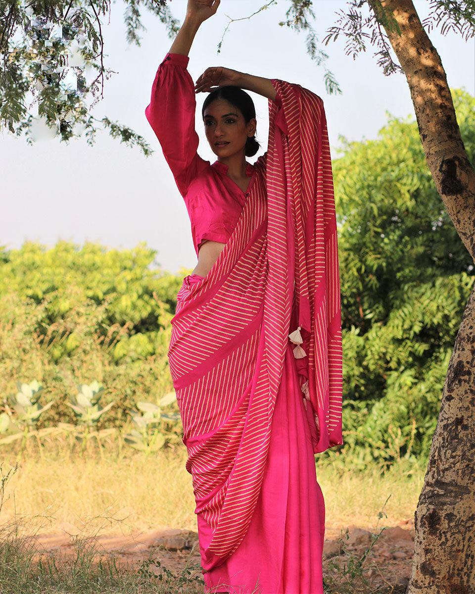 Pink Blockprinted Modal Silk Saree - Rang - Image 5
