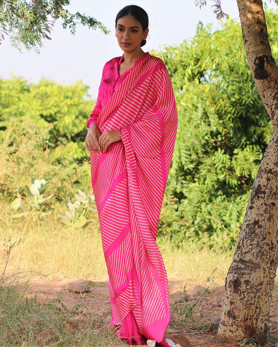 Pink Blockprinted Modal Silk Saree - Rang - Image 6