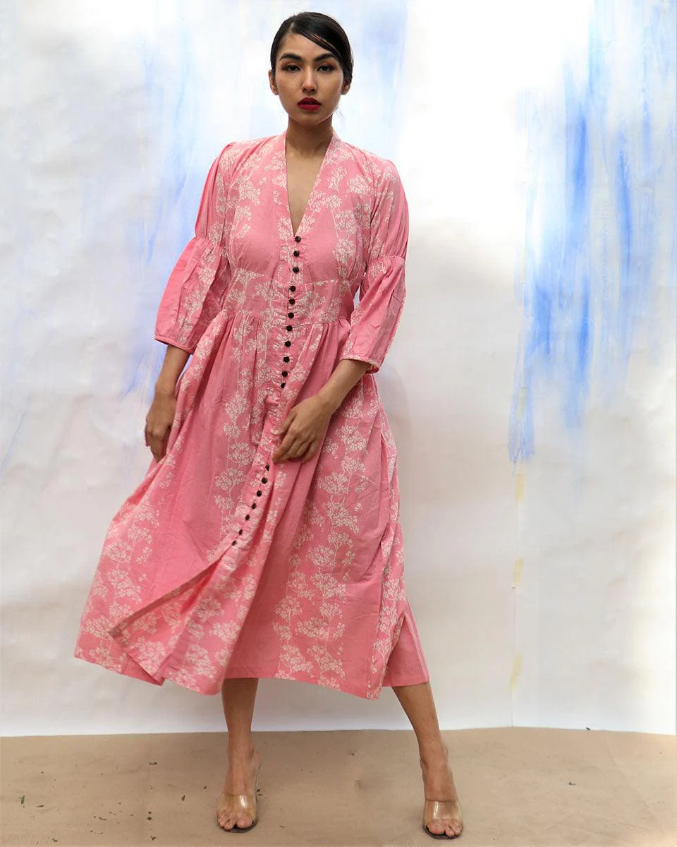 Pink Handprinted Front Open Pure Cotton Dress -Skd - Image 4