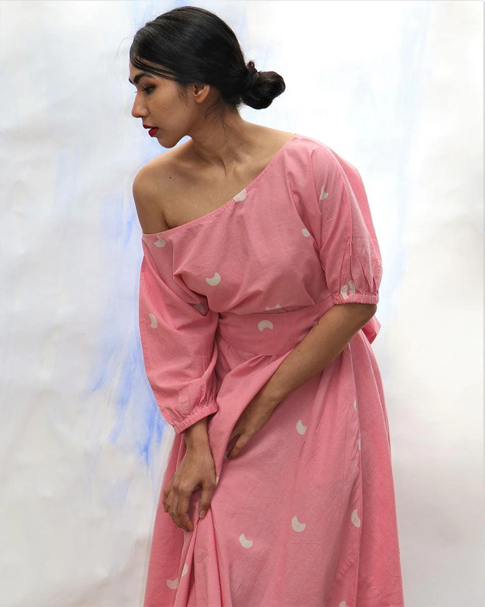 Pink Handprinted Off Shoulder Pure Cotton Dress -Skd - Image 4