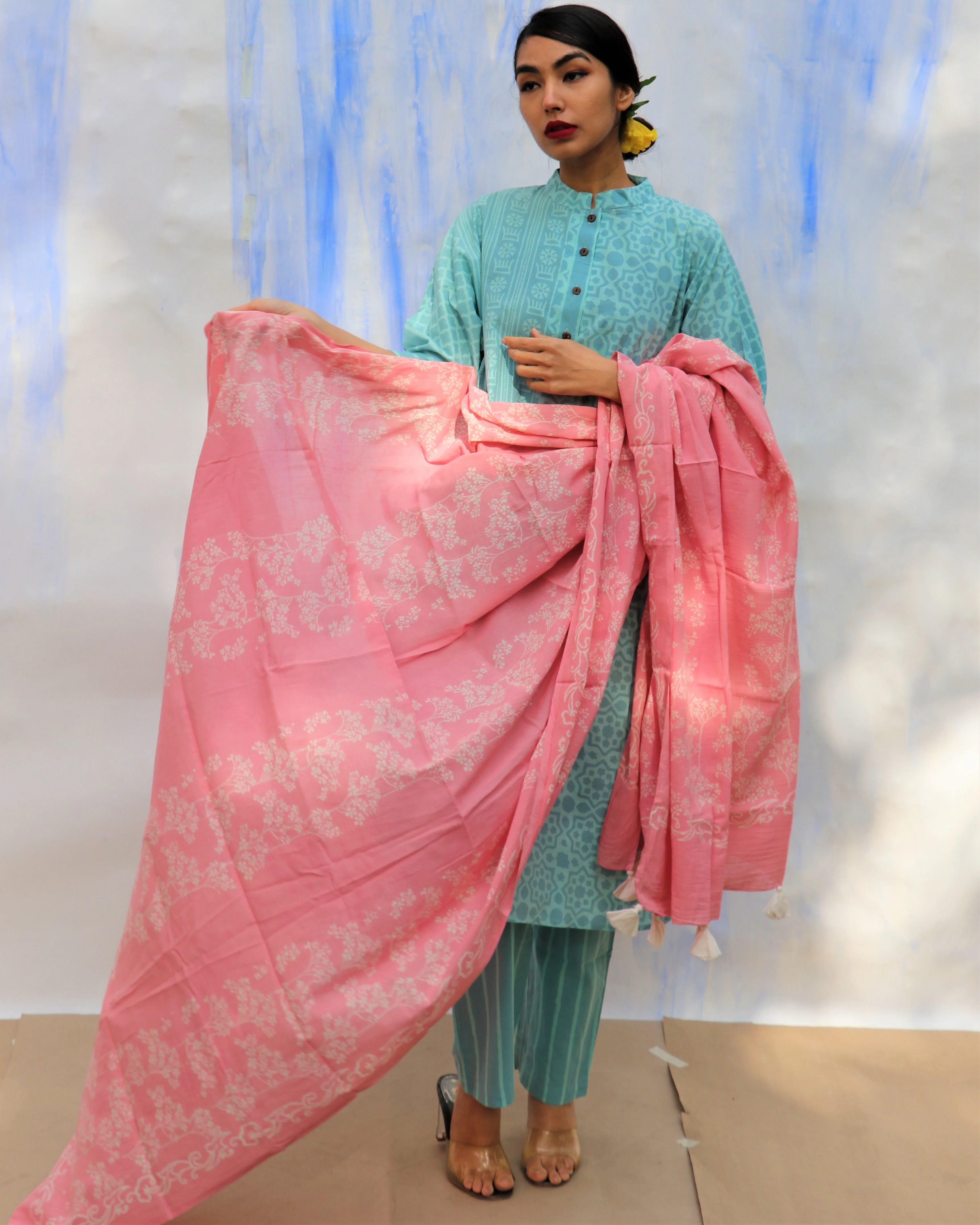 Pink Handprinted Pure Cotton Dupatta -Skd - Image 3