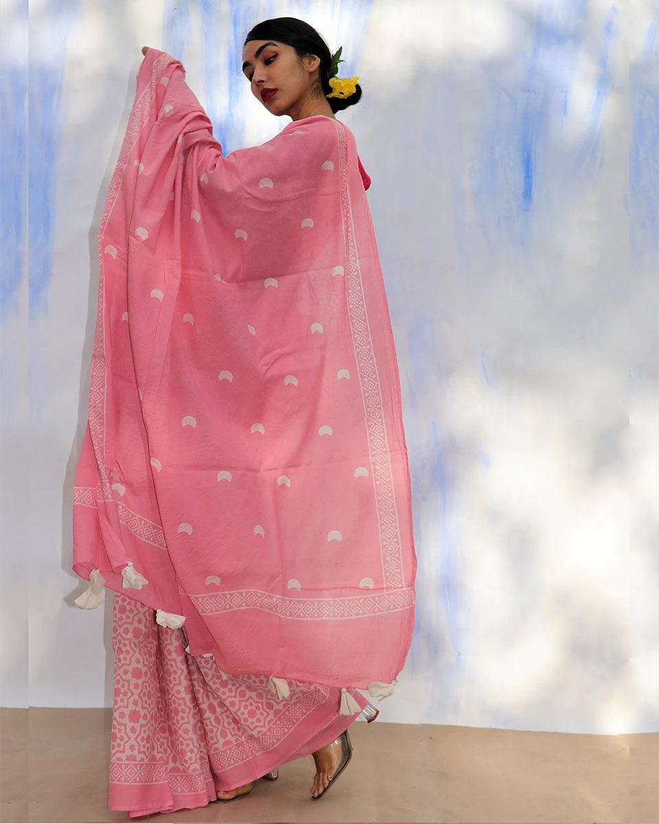 Moon Child Handblock Printed Cotton Saree- Skd - Image 2
