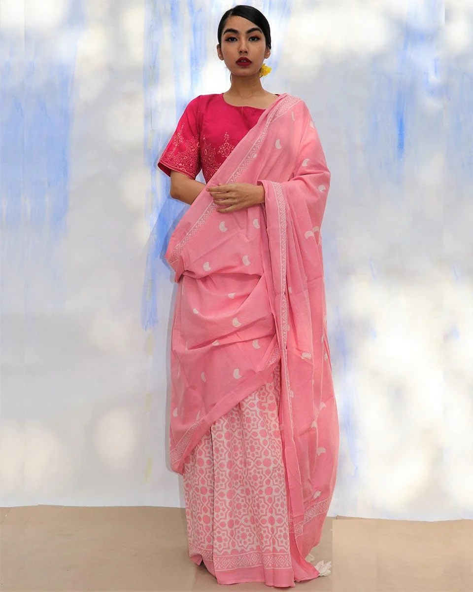 Moon Child Handblock Printed Cotton Saree- Skd - Image 4