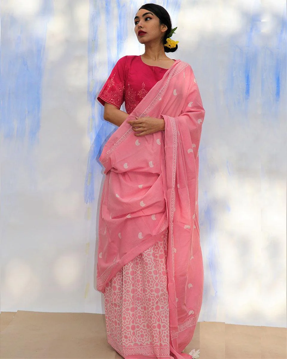 Moon Child Handblock Printed Cotton Saree- Skd - Image 5