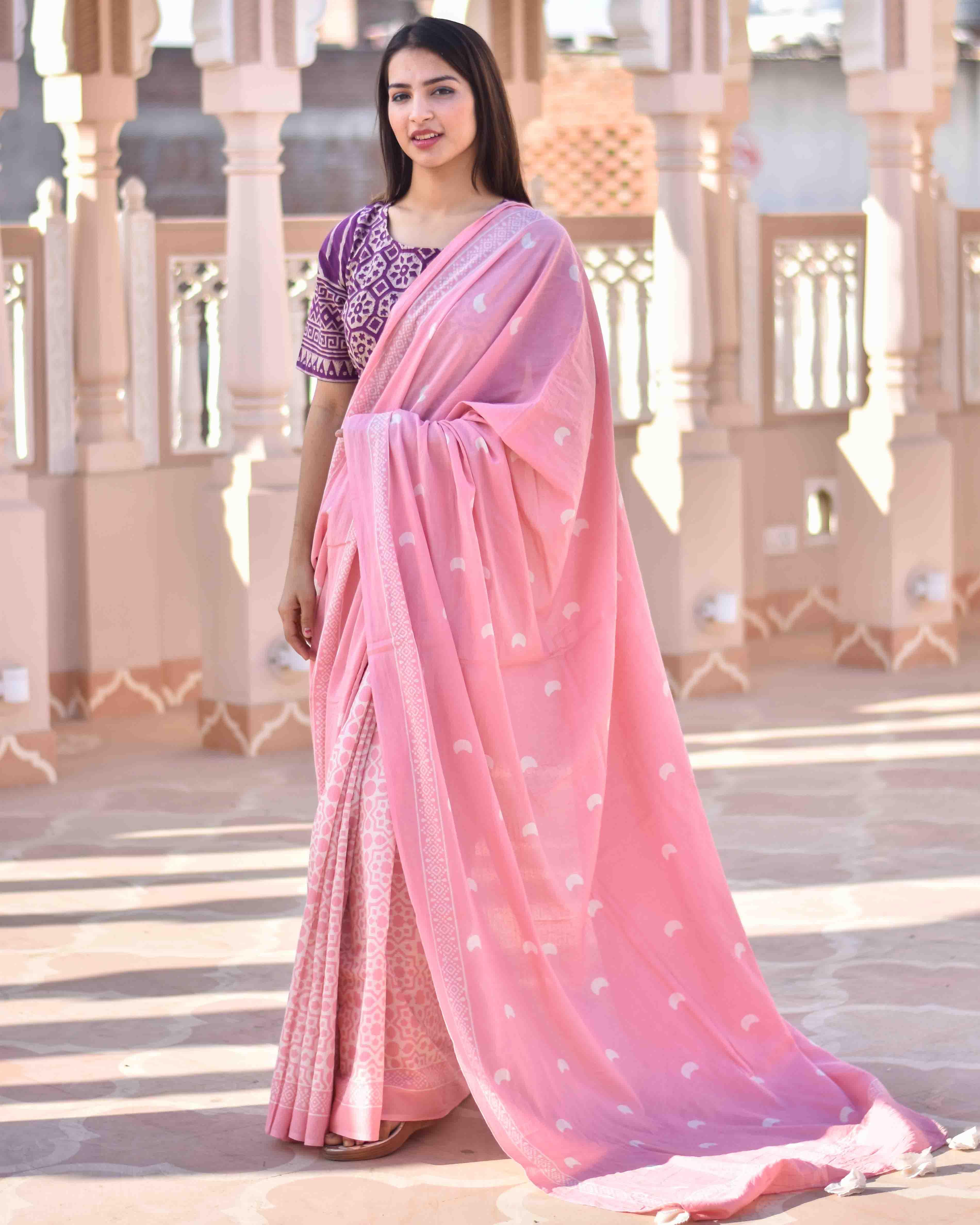 Moon Child Handblock Printed Cotton Saree- Skd - Image 7