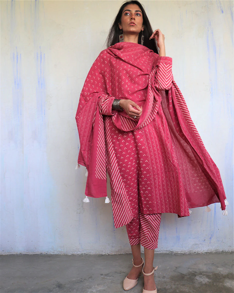 Pink Pure Cotton Block Printed Dupatta-Ajooni - Image 5