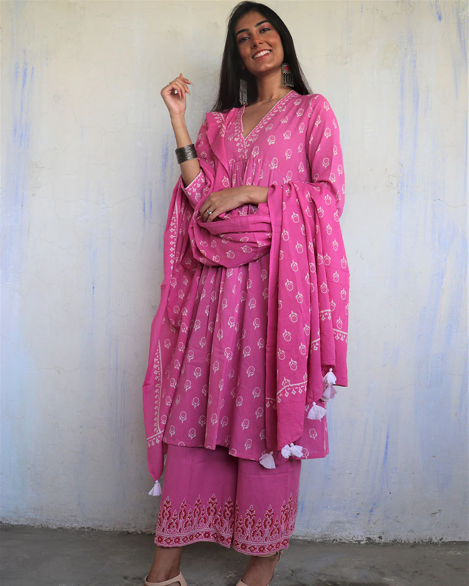 Pink Pure Cotton Block Printed Cotton Dupatta-Ajooni - Image 3