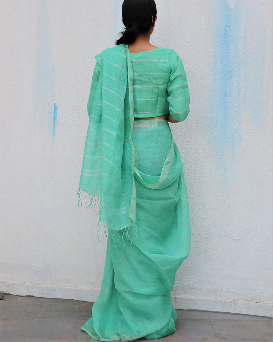 Seafoam Breeze Handwoven Linen Saree - Everyday Beautiful - Image 5