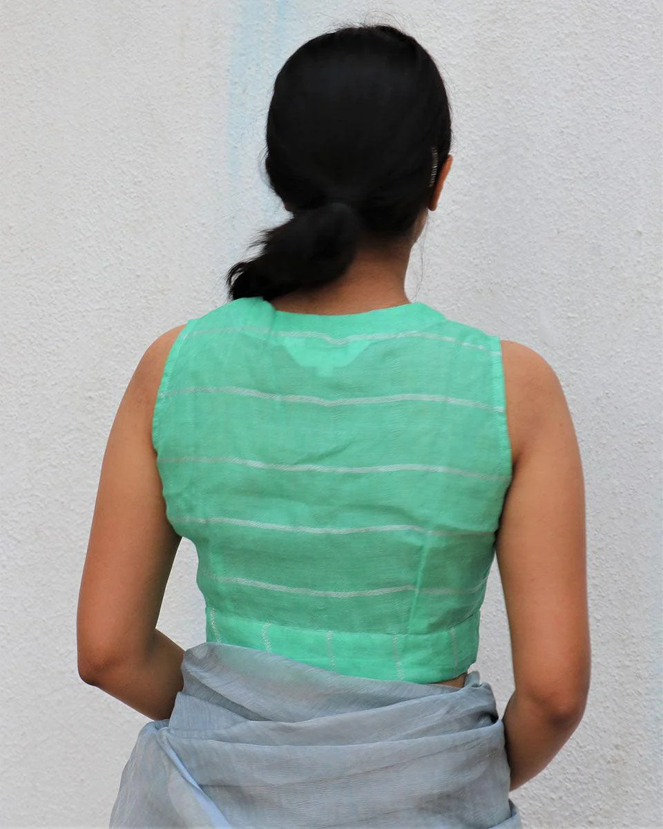 Pista Green Handwoven Linen Zari Blouse - Everyday Beautiful - Image 3