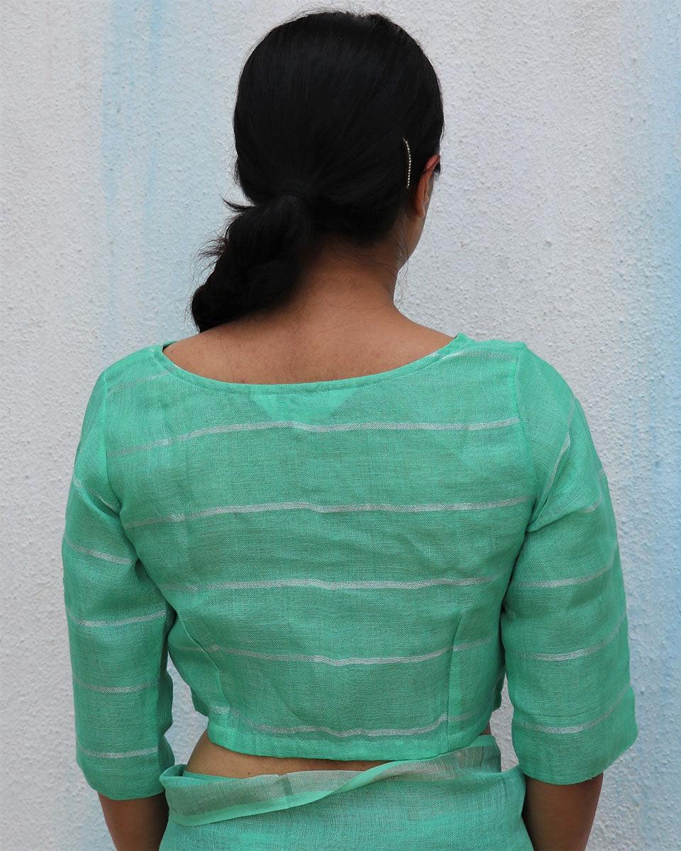 Pista Green Handwoven Linen Zari Blouse - Everyday Beautiful - Image 3