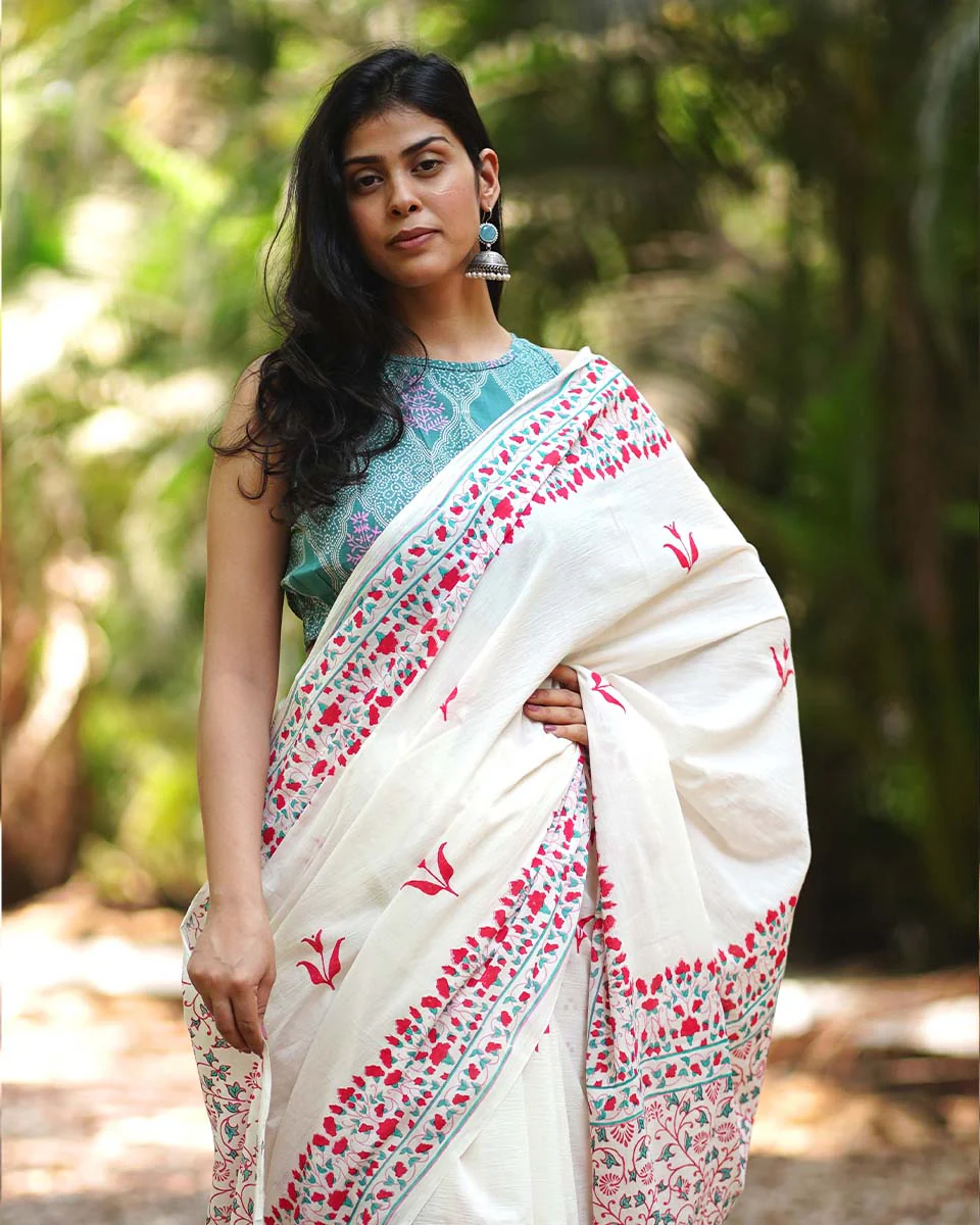 Poppy's Perfection Ivory Block Printed Saree - MMG - Image 4